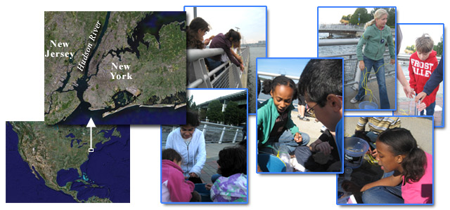 map of Hudson River and photos of the students taking water samples