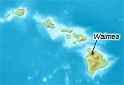 map of Hawaii with a dot on Waimea